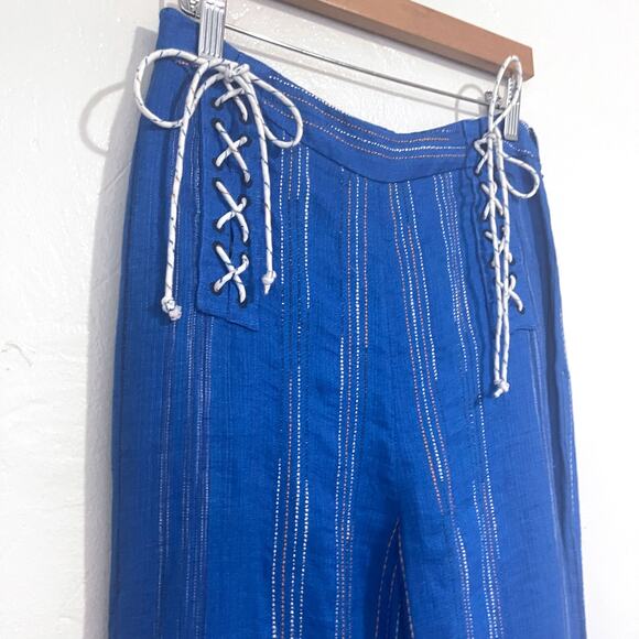 AMUR Leah Striped Linen Side Tie Stright Leg Pant in Blue Size 6 - Picture 5 of 16